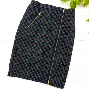 J. Crew Houndstooth green charcoal wool zipper asymmetric skirt